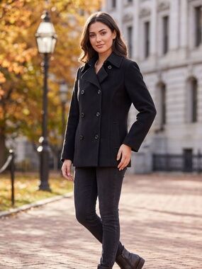 Uniqlo Black Wool Blend Double Breasted Pea Coat Jacket Size L (US M/L)